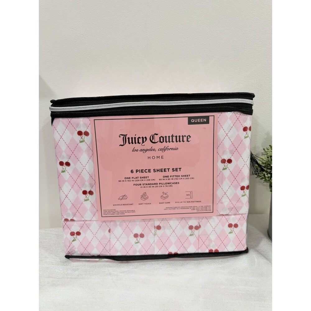 Juicy Couture Queen Sheet Set 6 PC Pink Argyle And Cherry Pattern New